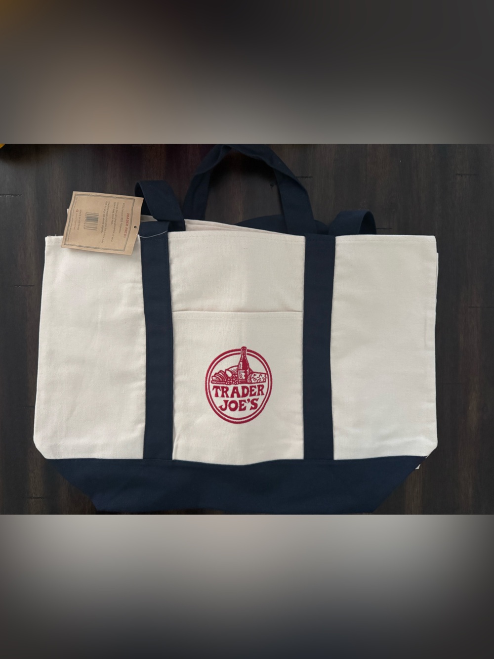 Trader Joe's Cream and Navy Canvas Duffel Tote